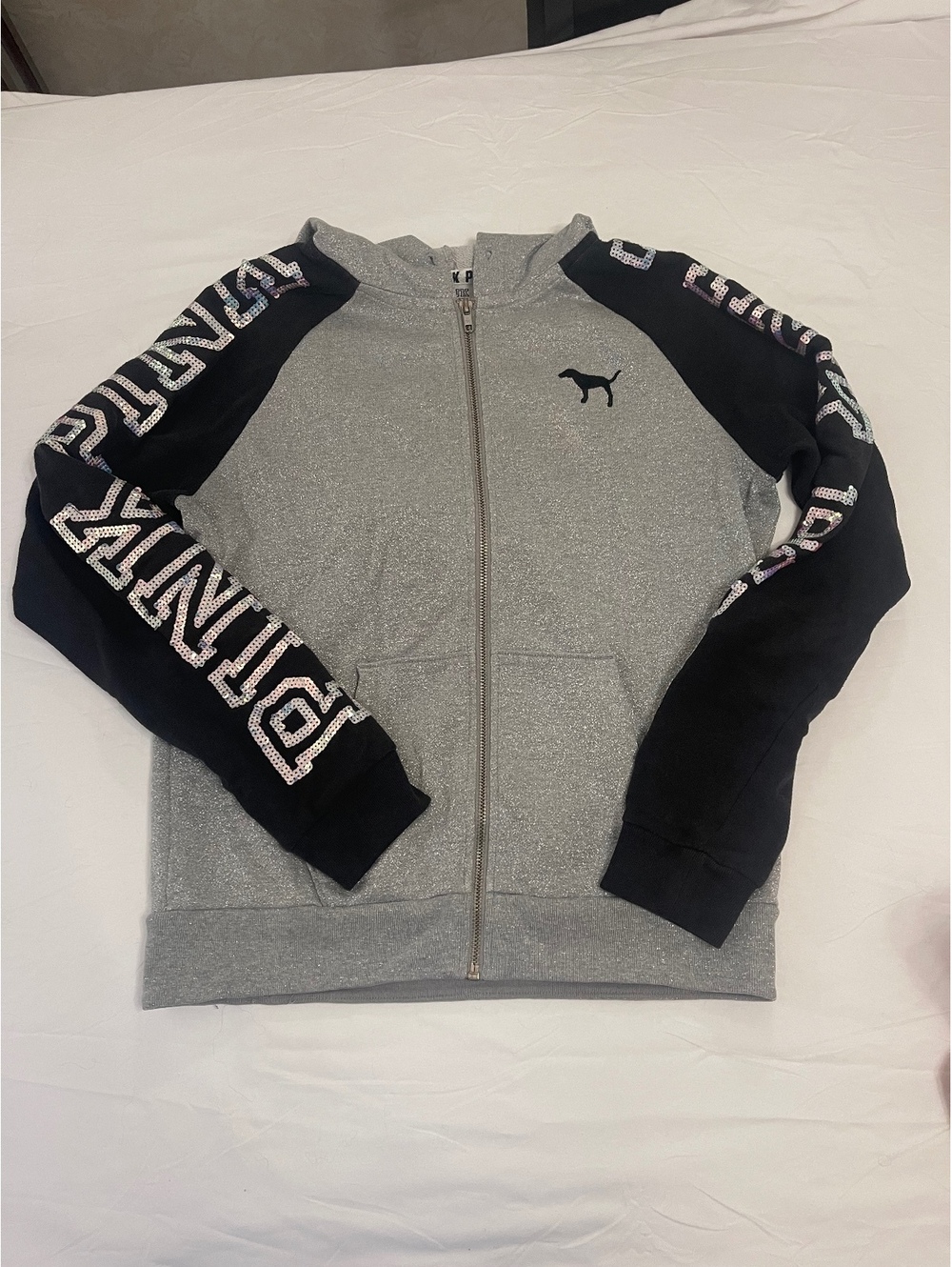 Victoria's Secret PINK Zip-Up Hoodie Gray and Black with Sequin Logo Size